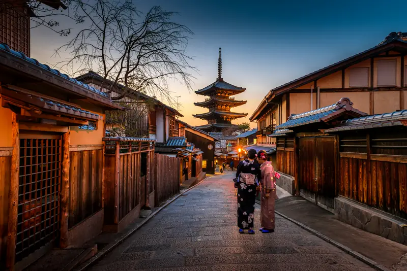 The Yasaka pagoda above a street of wooden houses in Kyoto